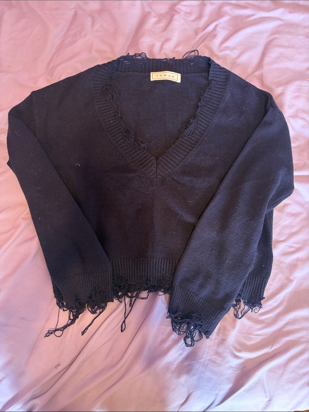 Rowen Black Distressed V-Neck Knit Sweater